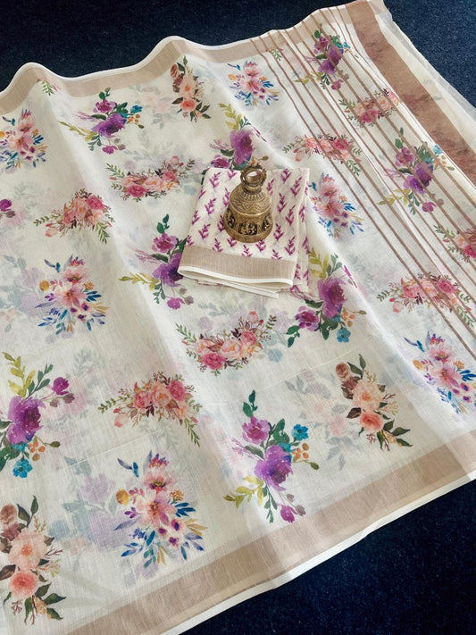 Linen Slub Cotton Floral Saree – 59 AED