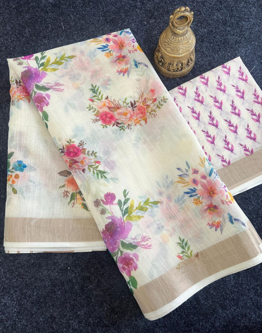 Linen Slub Cotton Floral Saree – 59 AED