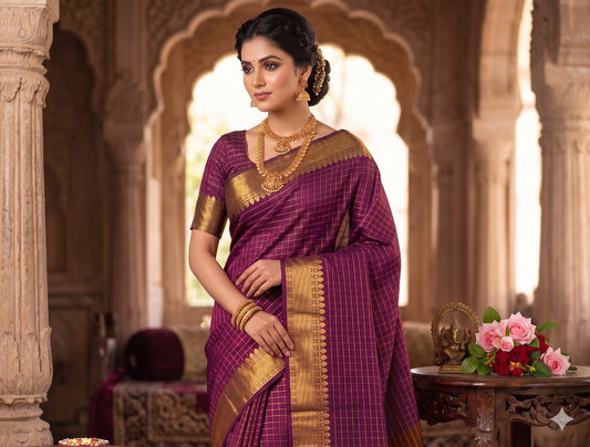 Soft Semi Silk Checked Zari Weaving Saree – 59 AED