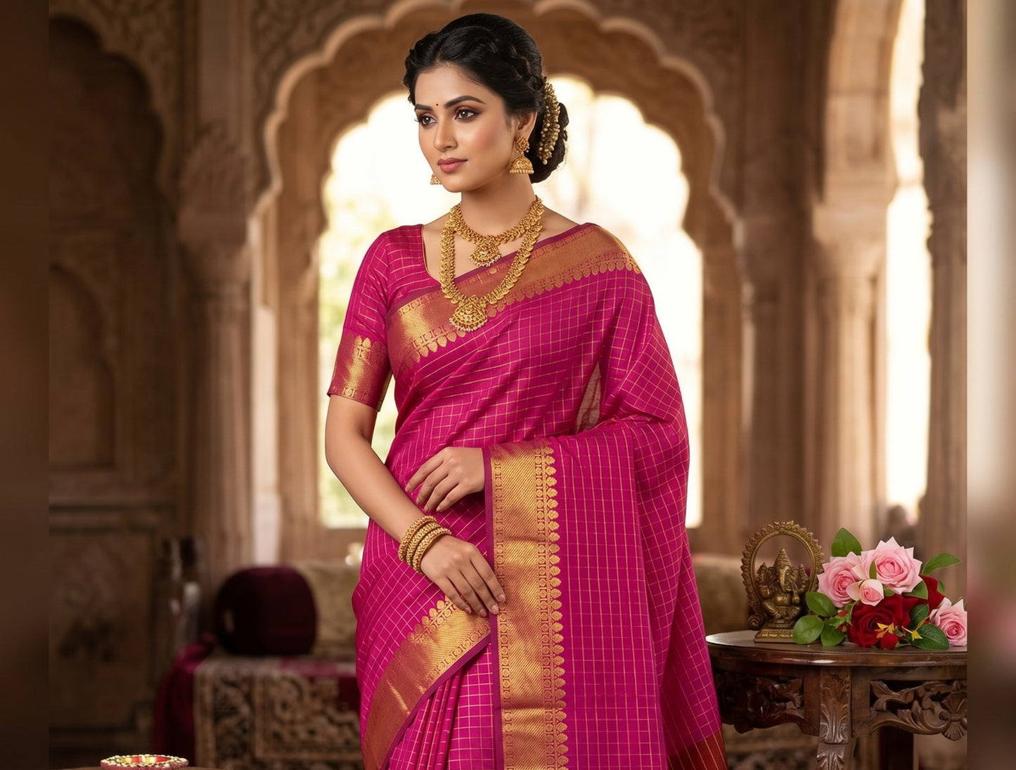 Soft Semi Silk Checked Zari Weaving Saree – 59 AED