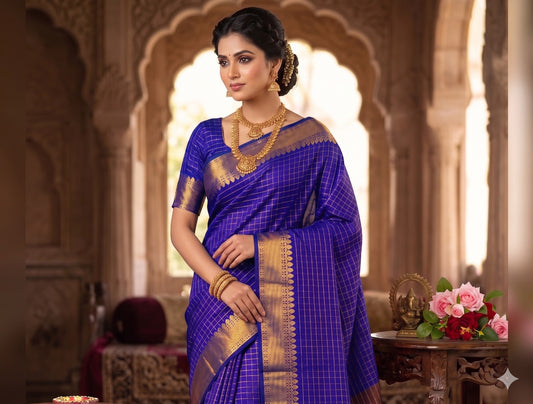 Soft Semi Silk Checked Zari Weaving Saree – 59 AED