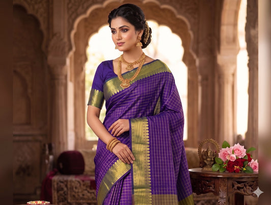 Soft Semi Silk Checked Zari Weaving Saree – 59 AED
