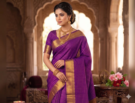 Soft Semi Silk Checked Zari Weaving Saree – 59 AED