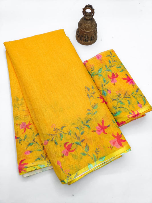 Linen Slub Cotton Floral Saree – 59 AED