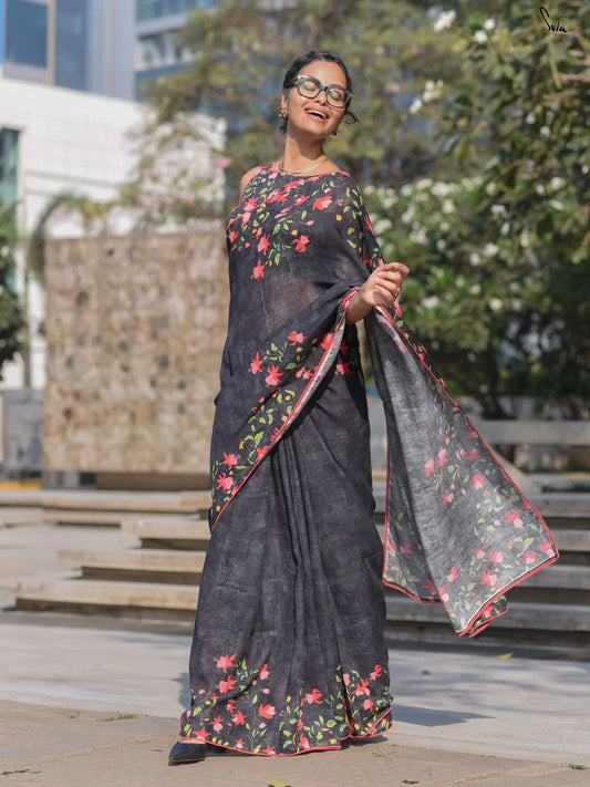 Linen Slub Cotton Floral Saree – 59 AED