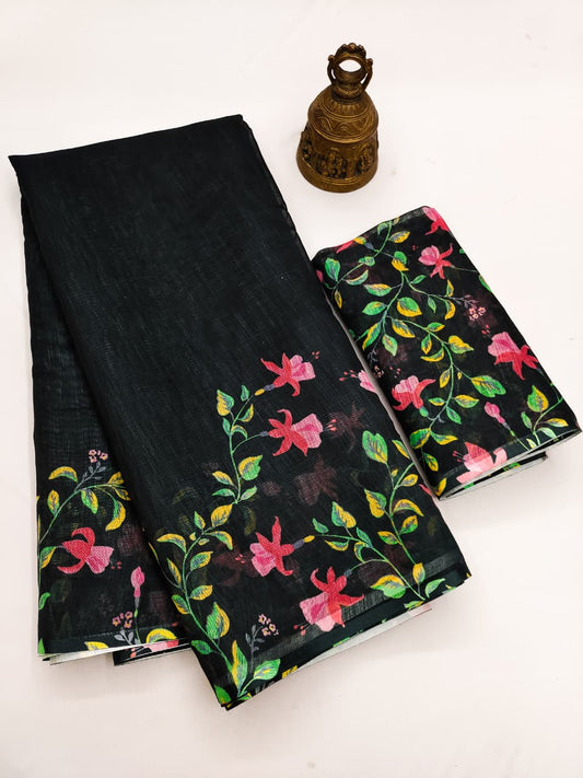 Linen Slub Cotton Floral Saree – 59 AED