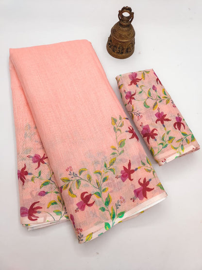 Linen Slub Cotton Floral Saree – 59 AED