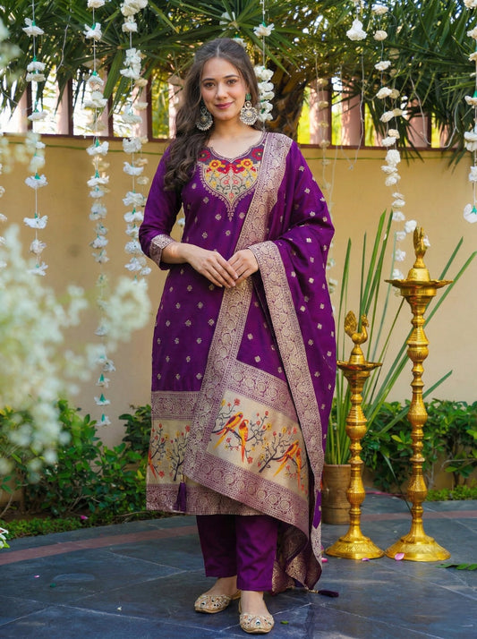 Soft Art Silk Suit Set with Jacquard Weaving – 99 AED