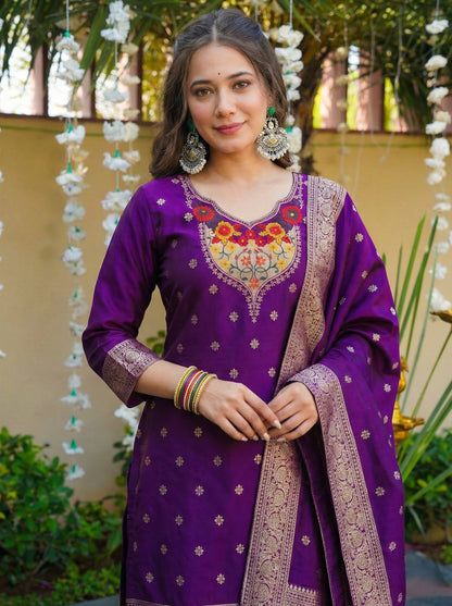 Soft Art Silk Suit Set with Jacquard Weaving – 99 AED