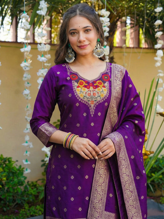 Soft Art Silk Suit Set with Jacquard Weaving – 99 AED