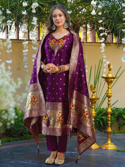 Soft Art Silk Suit Set with Jacquard Weaving – 99 AED
