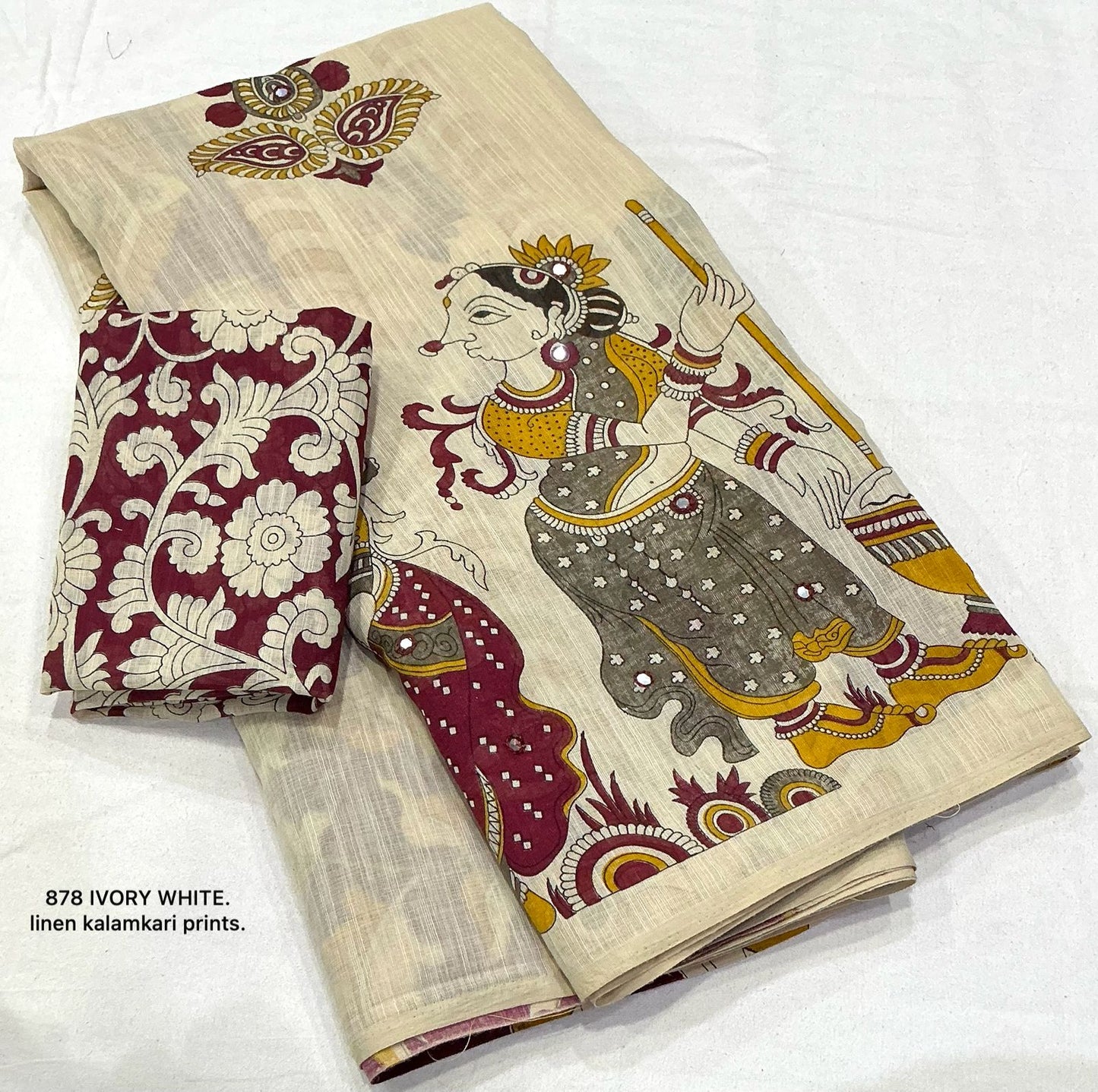 Soft Linen Slub Cotton Kalamkari Saree with Tassels & Aari Mirror Work – 69 AED