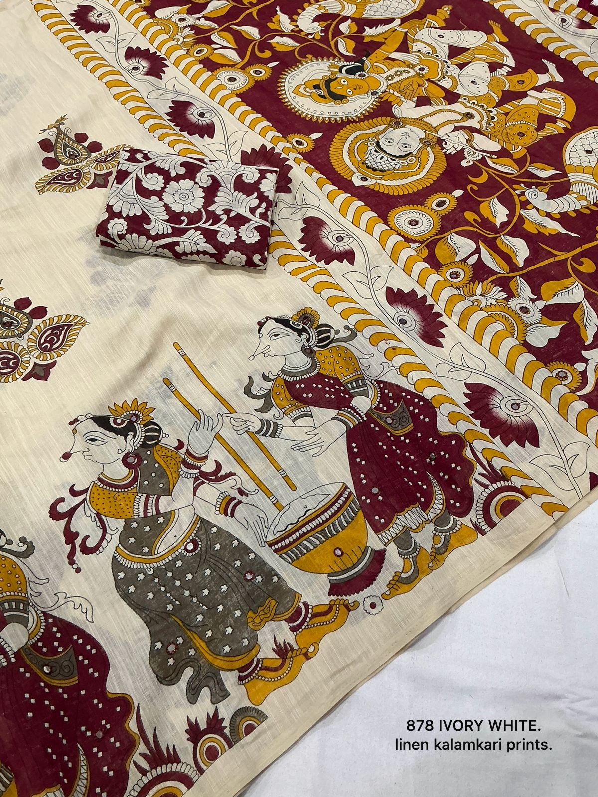 Soft Linen Slub Cotton Kalamkari Saree with Tassels & Aari Mirror Work – 69 AED
