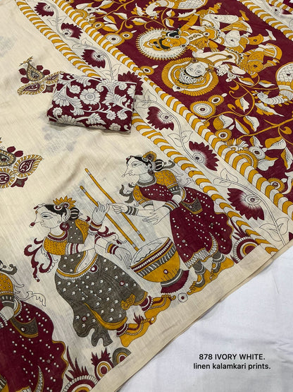 Soft Linen Slub Cotton Kalamkari Saree with Tassels & Aari Mirror Work – 69 AED