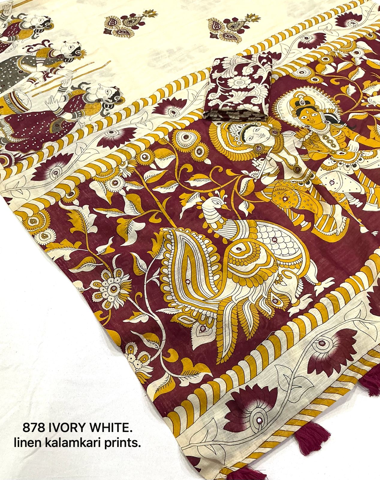 Soft Linen Slub Cotton Kalamkari Saree with Tassels & Aari Mirror Work – 69 AED