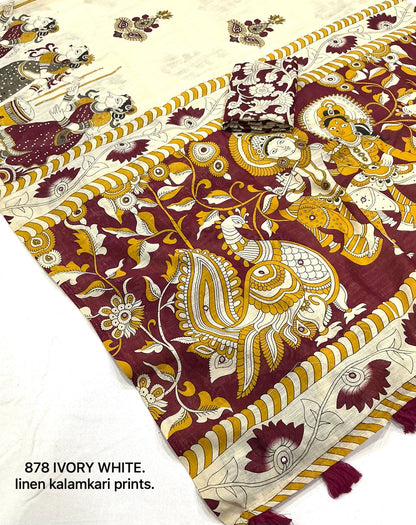 Soft Linen Slub Cotton Kalamkari Saree with Tassels & Aari Mirror Work – 69 AED