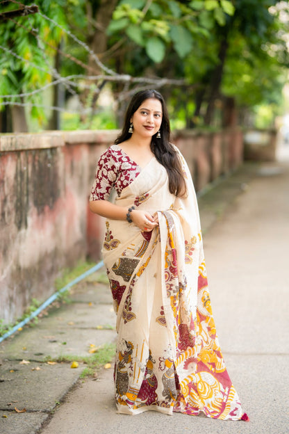 Soft Linen Slub Cotton Kalamkari Saree with Tassels & Aari Mirror Work – 69 AED