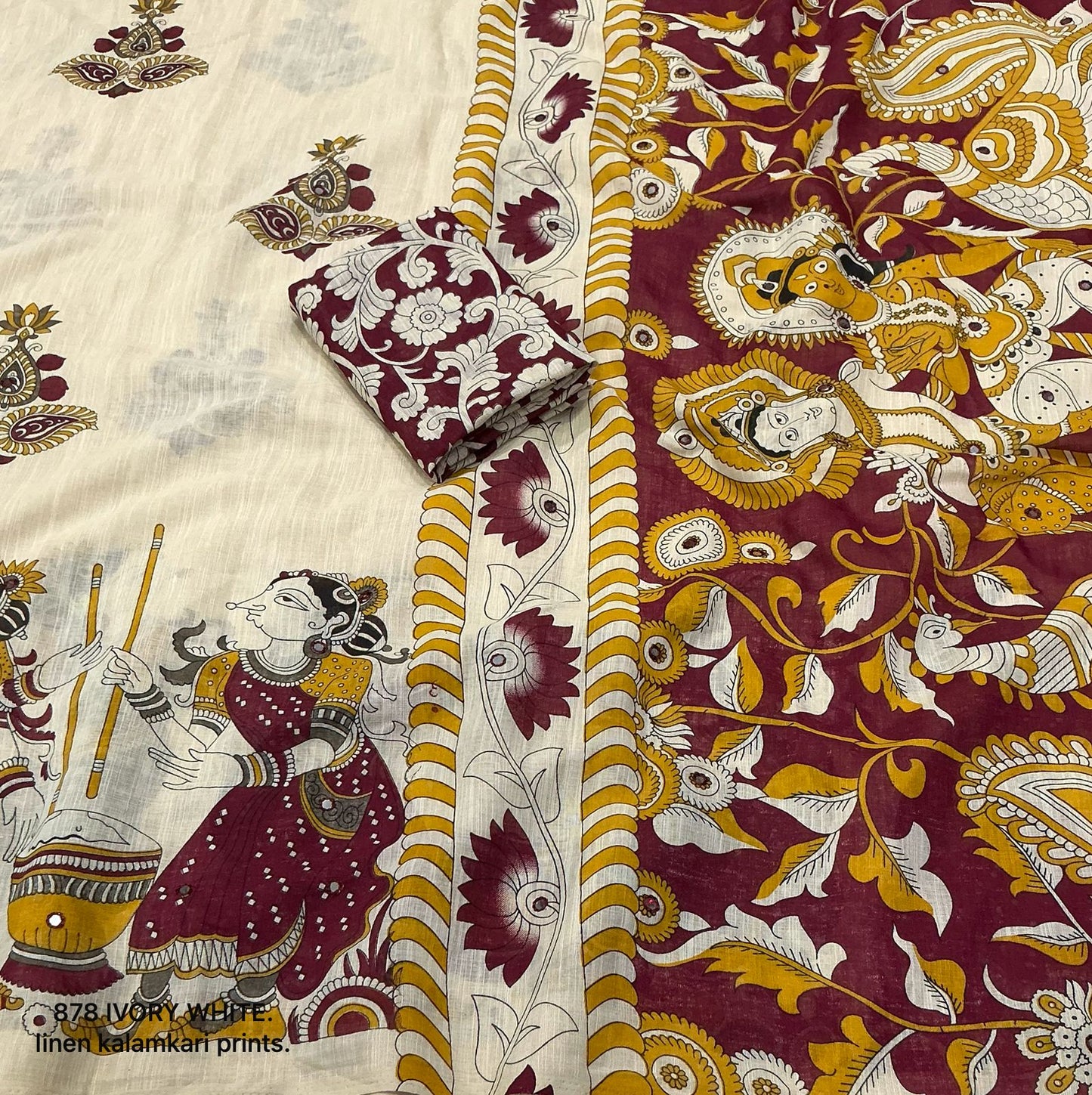 Soft Linen Slub Cotton Kalamkari Saree with Tassels & Aari Mirror Work – 69 AED