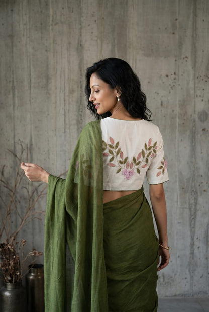 Khadi Cotton Embroidered Readymade Blouse with Plain Khadi Cotton Saree – 99 AED