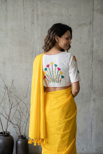 Khadi Cotton Embroidered Readymade Blouse with Plain Khadi Cotton Saree – 99 AED