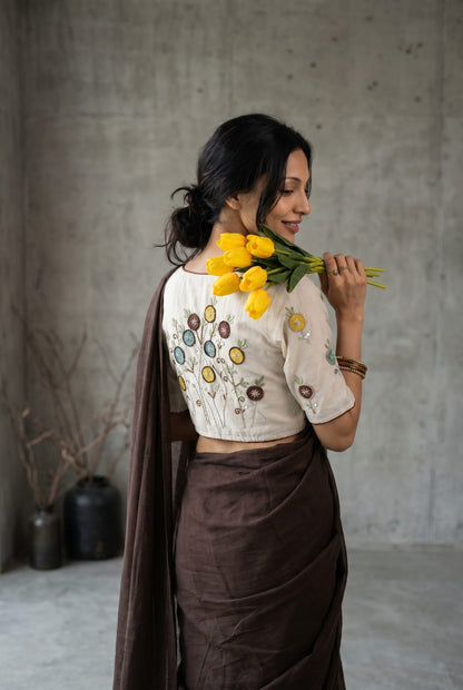 Khadi Cotton Embroidered Readymade Blouse with Plain Khadi Cotton Saree – 99 AED