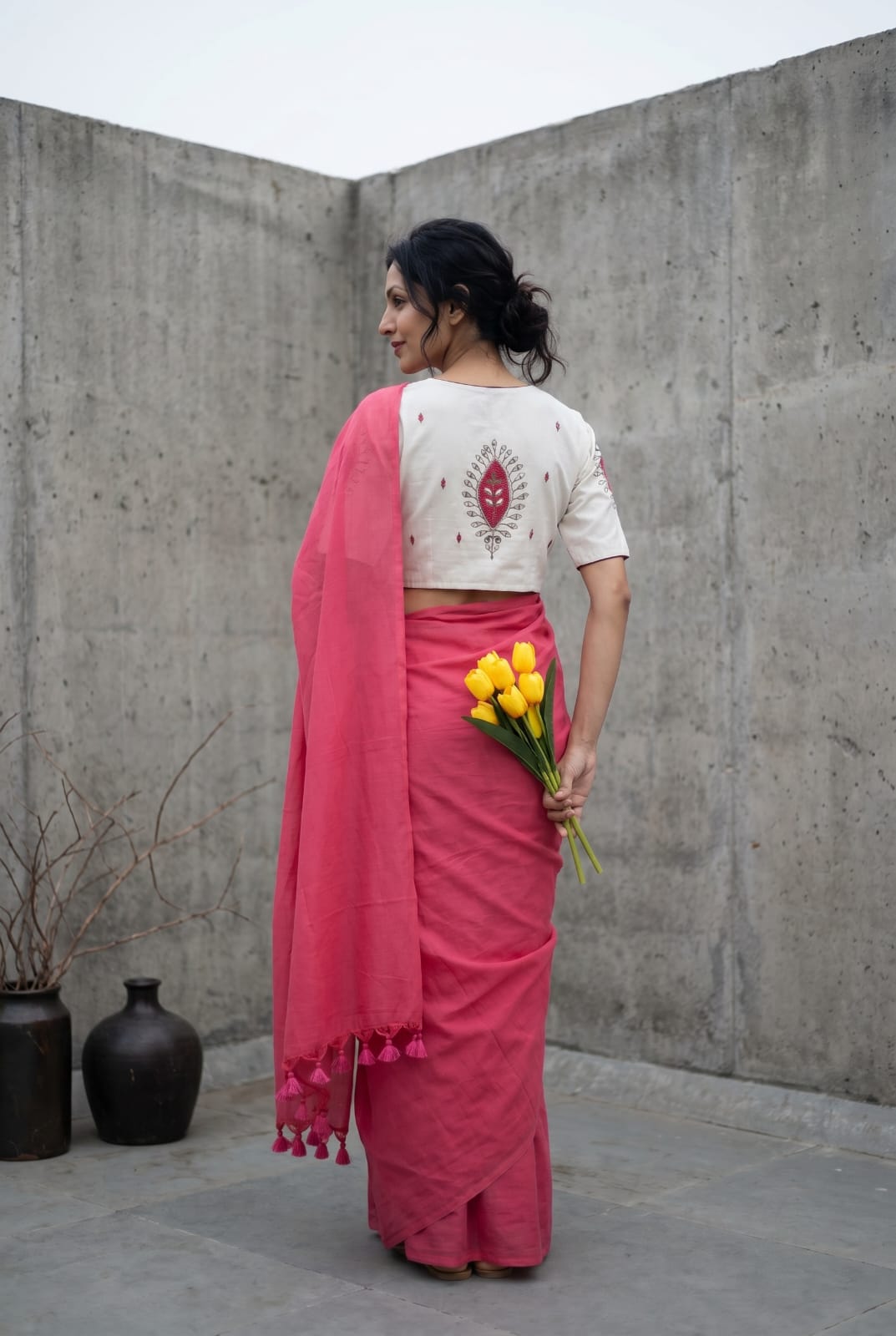 Khadi Cotton Embroidered Readymade Blouse with Plain Khadi Cotton Saree – 99 AED