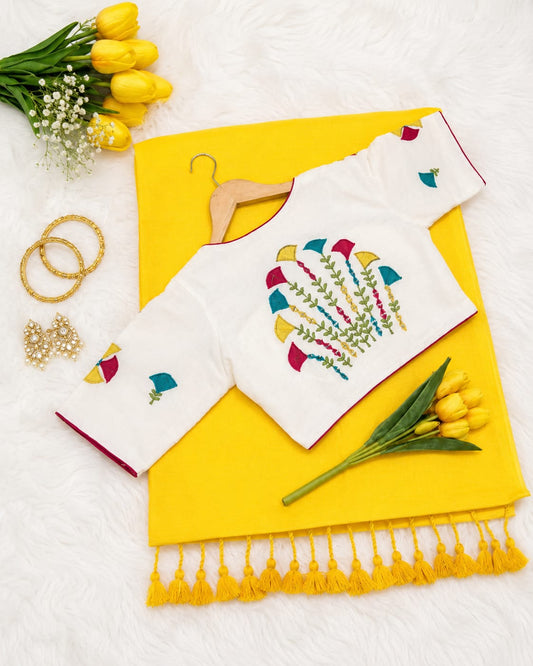 Khadi Cotton Embroidered Readymade Blouse with Plain Khadi Cotton Saree – 99 AED