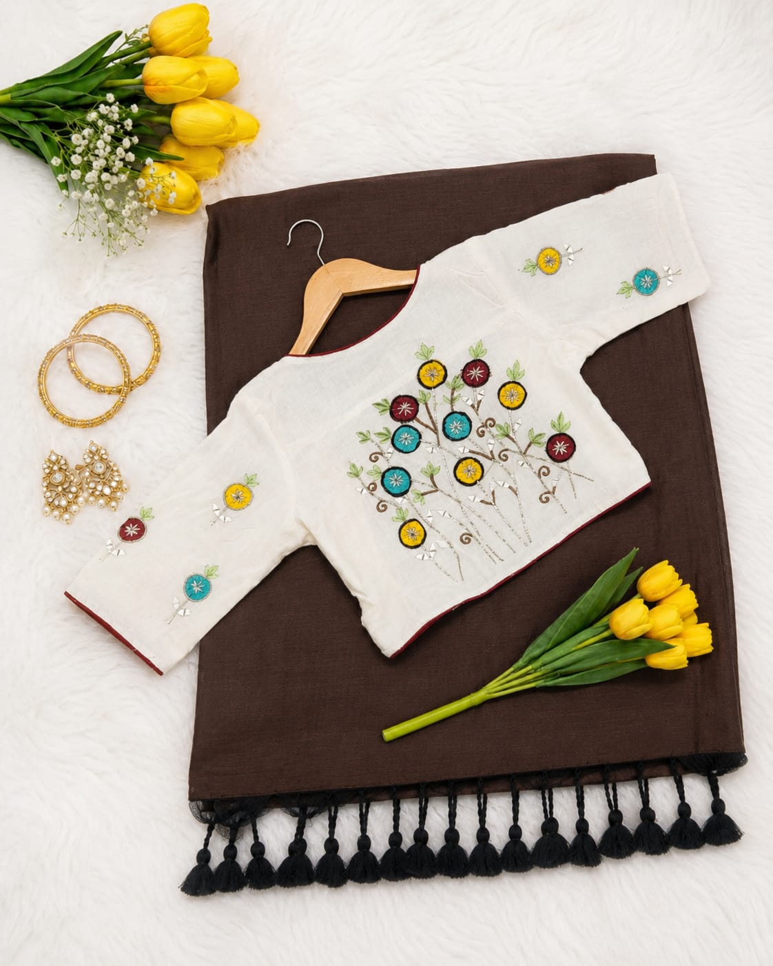Khadi Cotton Embroidered Readymade Blouse with Plain Khadi Cotton Saree – 99 AED