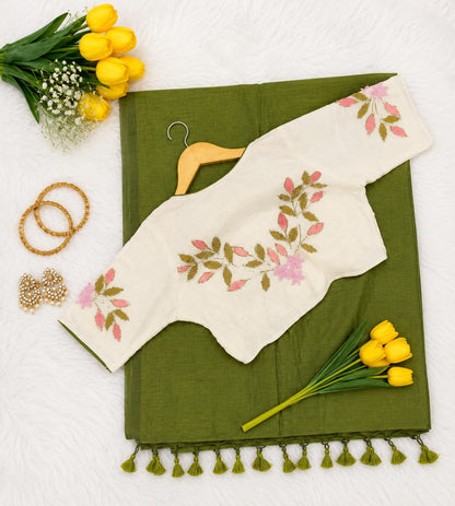 Khadi Cotton Embroidered Readymade Blouse with Plain Khadi Cotton Saree – 99 AED