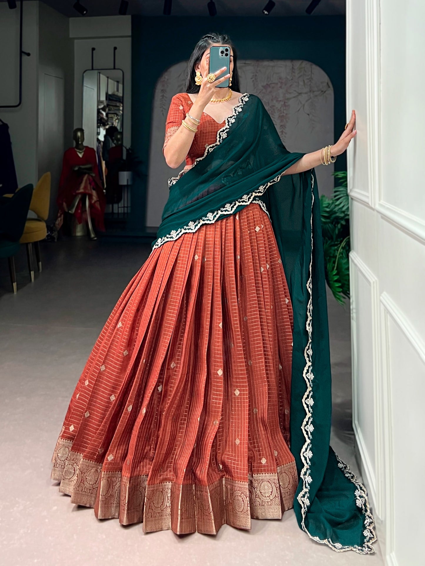 Chinnon Silk Checked Readymade Dhavani / Half Saree Collection – 125 AED