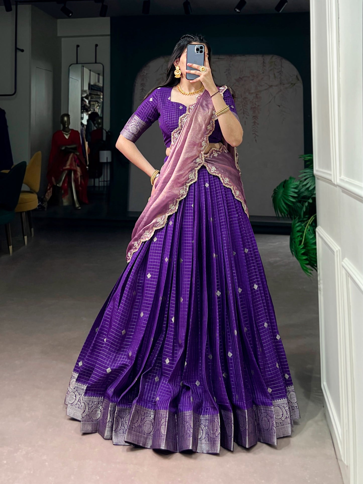Chinnon Silk Checked Readymade Dhavani / Half Saree Collection – 125 AED