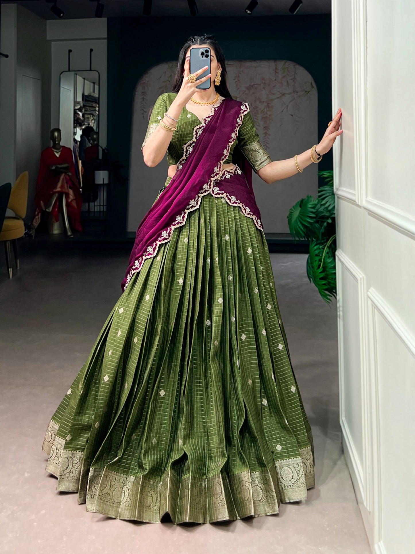 Chinnon Silk Checked Readymade Dhavani / Half Saree Collection – 125 AED