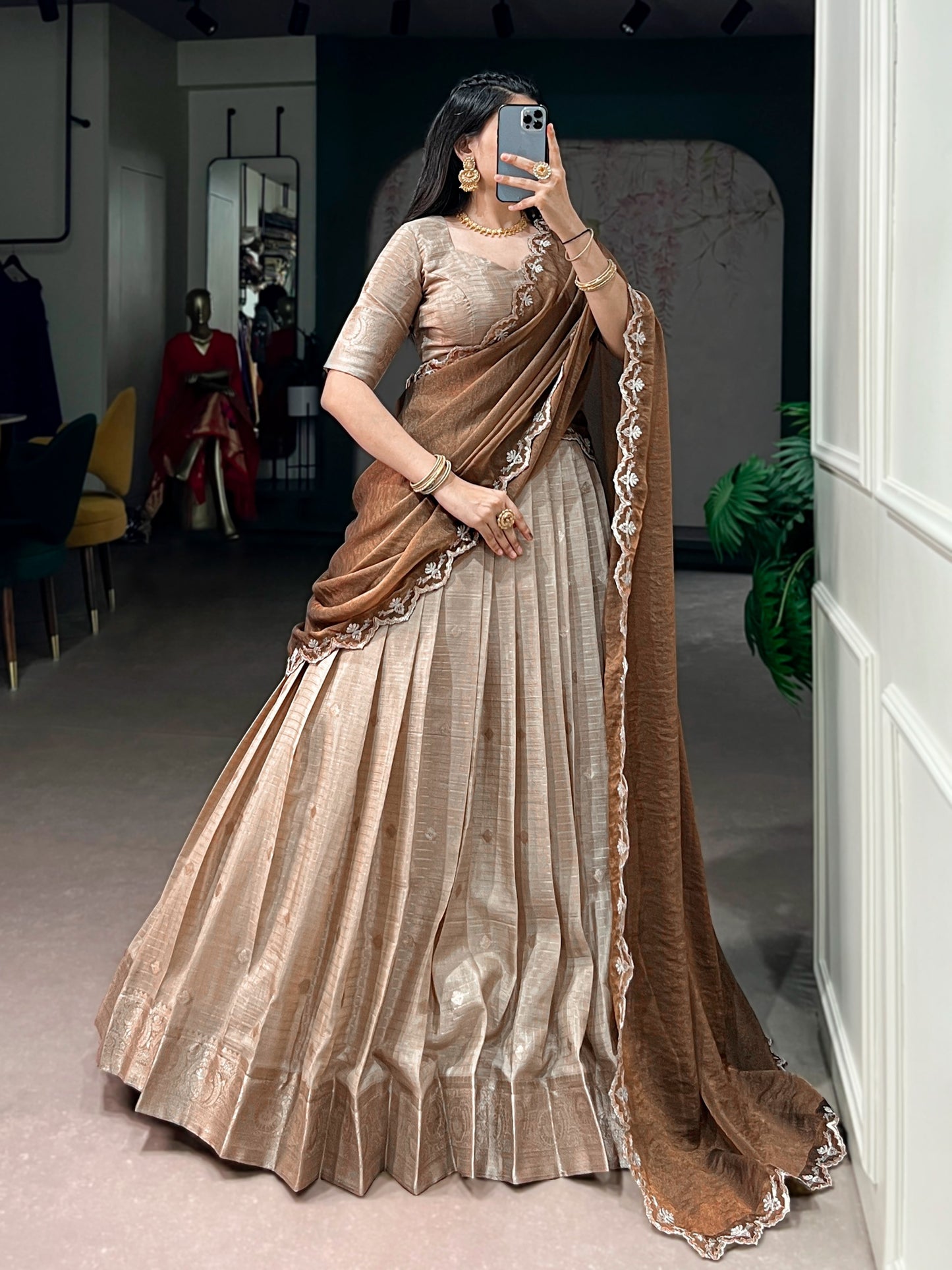 Chinnon Silk Checked Readymade Dhavani / Half Saree Collection – 125 AED