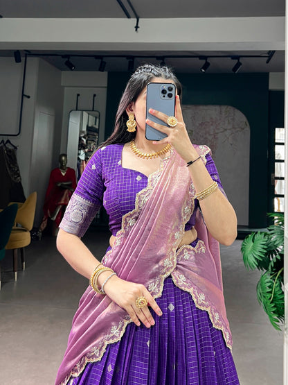 Chinnon Silk Checked Readymade Dhavani / Half Saree Collection – 125 AED