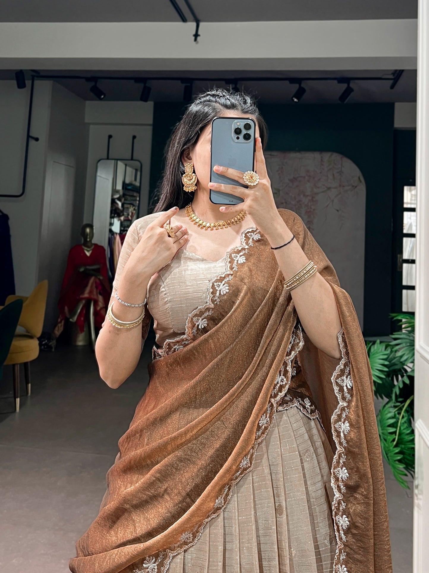 Chinnon Silk Checked Readymade Dhavani / Half Saree Collection – 125 AED