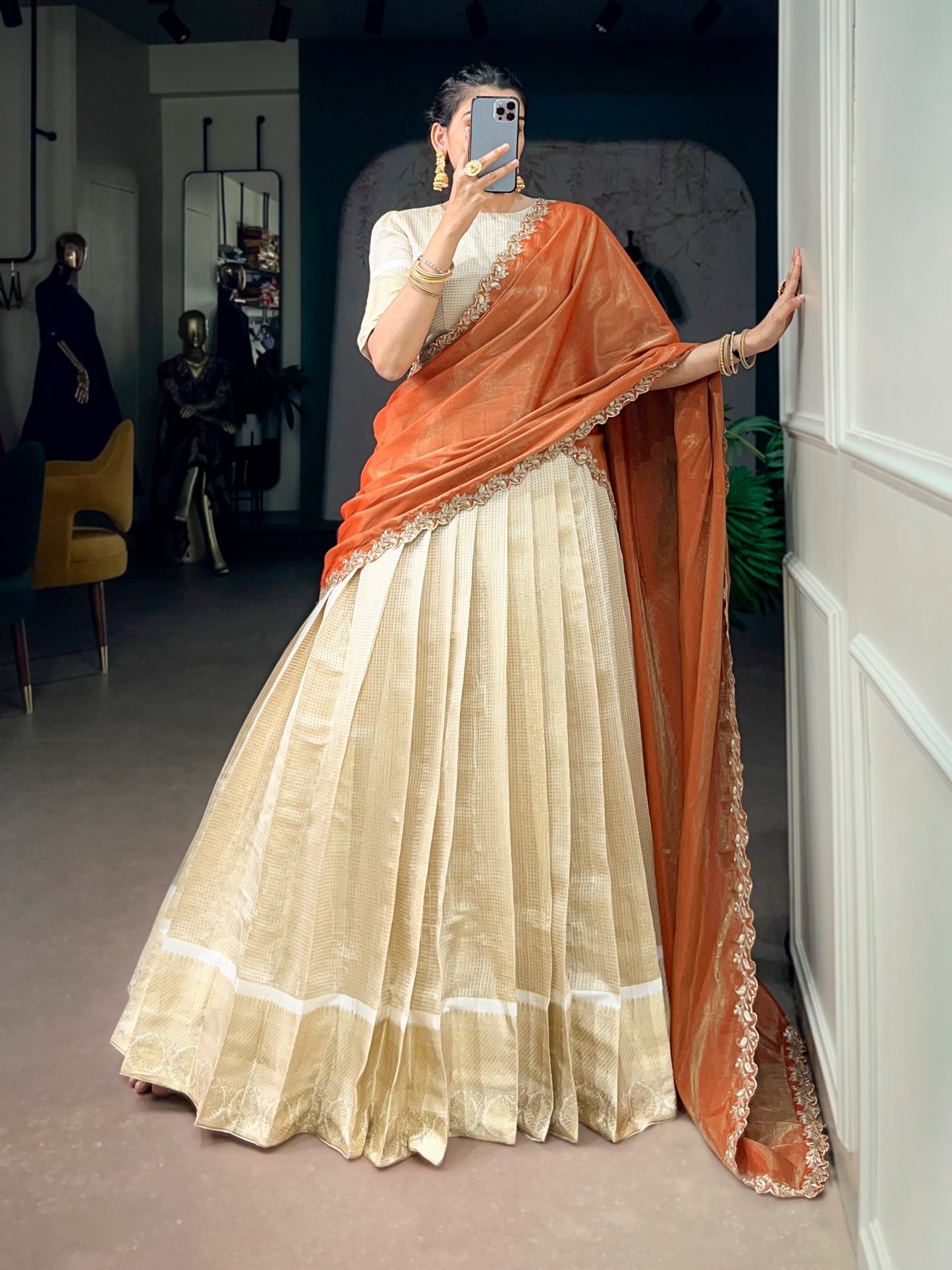 Jacquard Zari Checked Silk Readymade Dhavani / Half Saree Collection – 119 AED