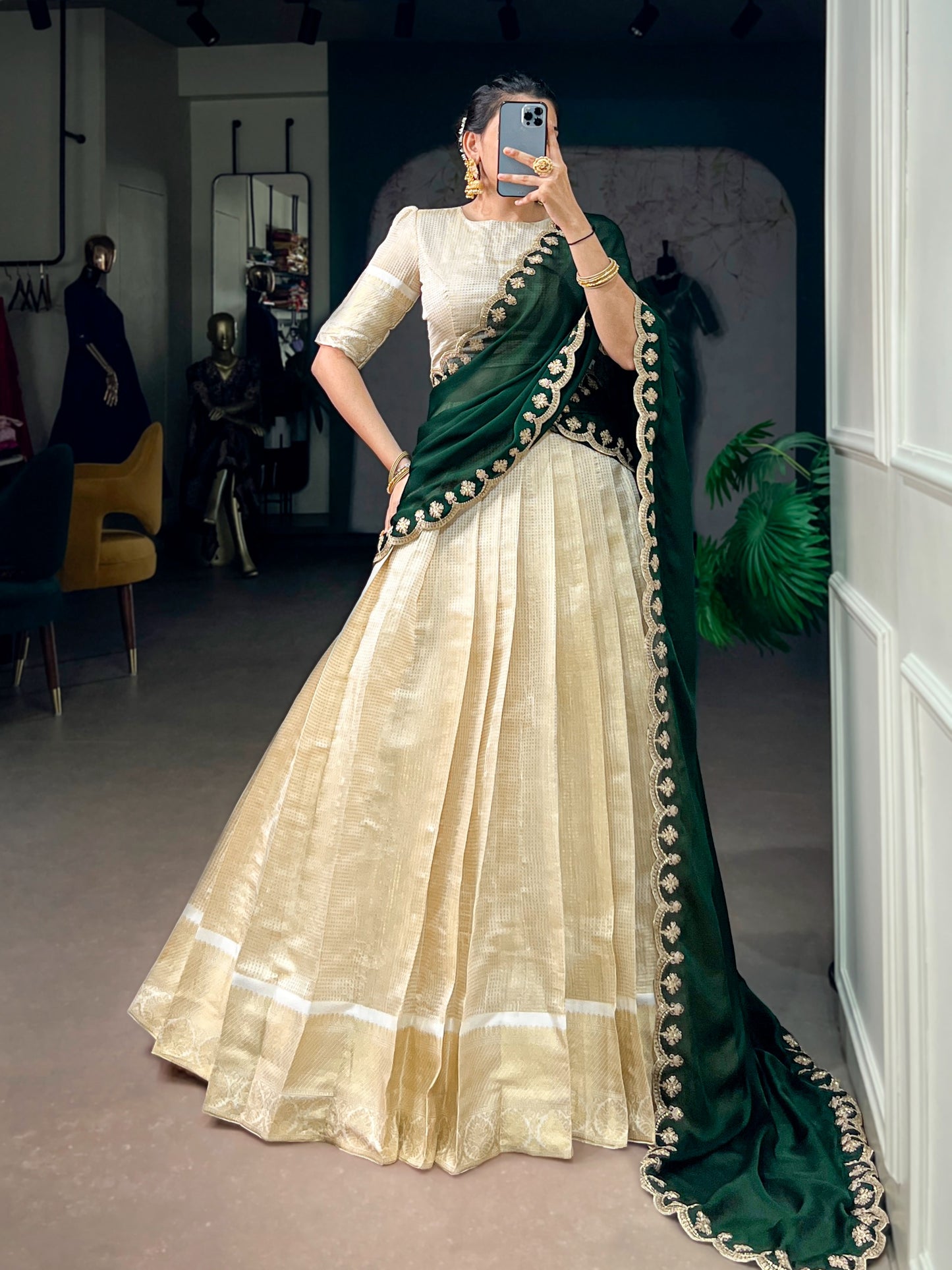 Jacquard Zari Checked Silk Readymade Dhavani / Half Saree Collection – 119 AED