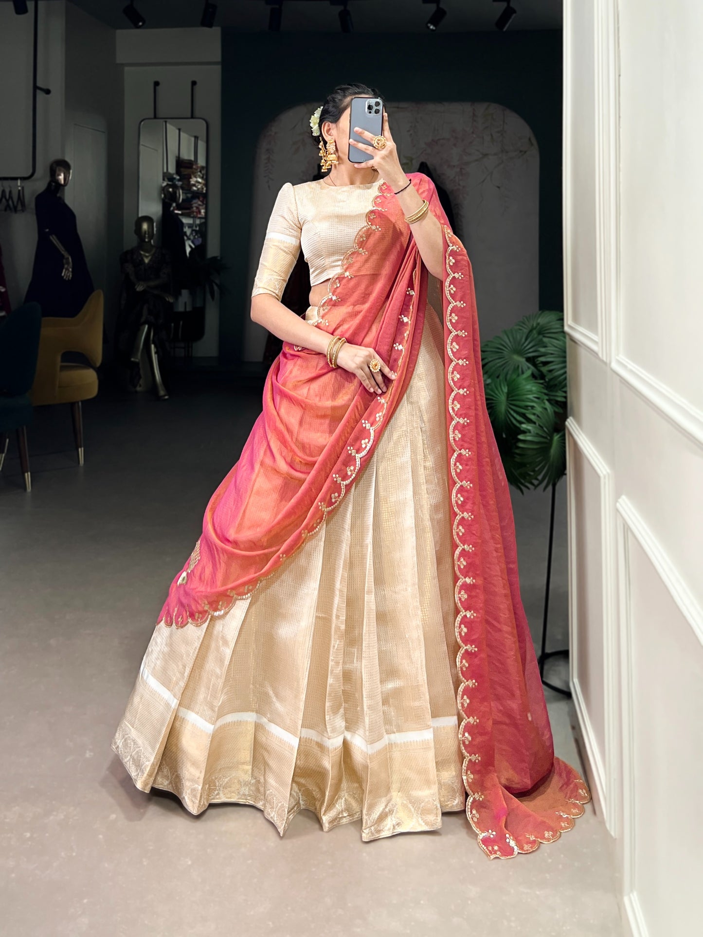 Jacquard Zari Checked Silk Readymade Dhavani / Half Saree Collection – 119 AED