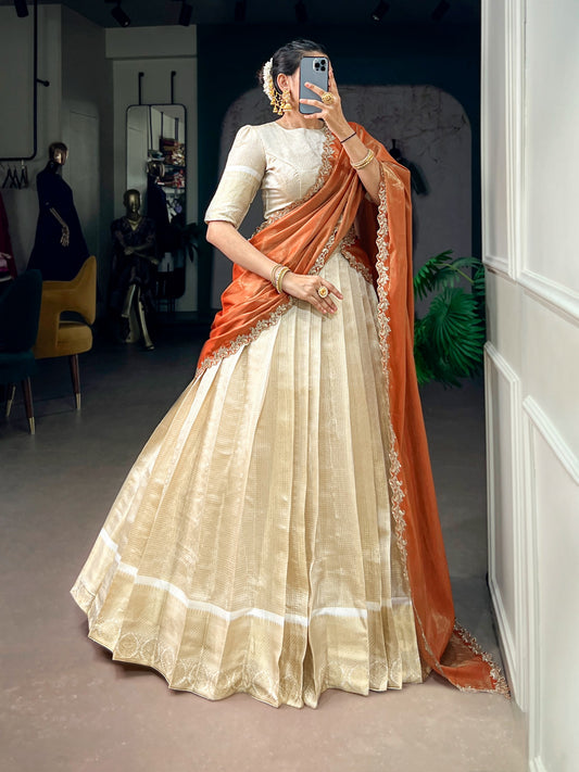 Jacquard Zari Checked Silk Readymade Dhavani / Half Saree Collection – 119 AED