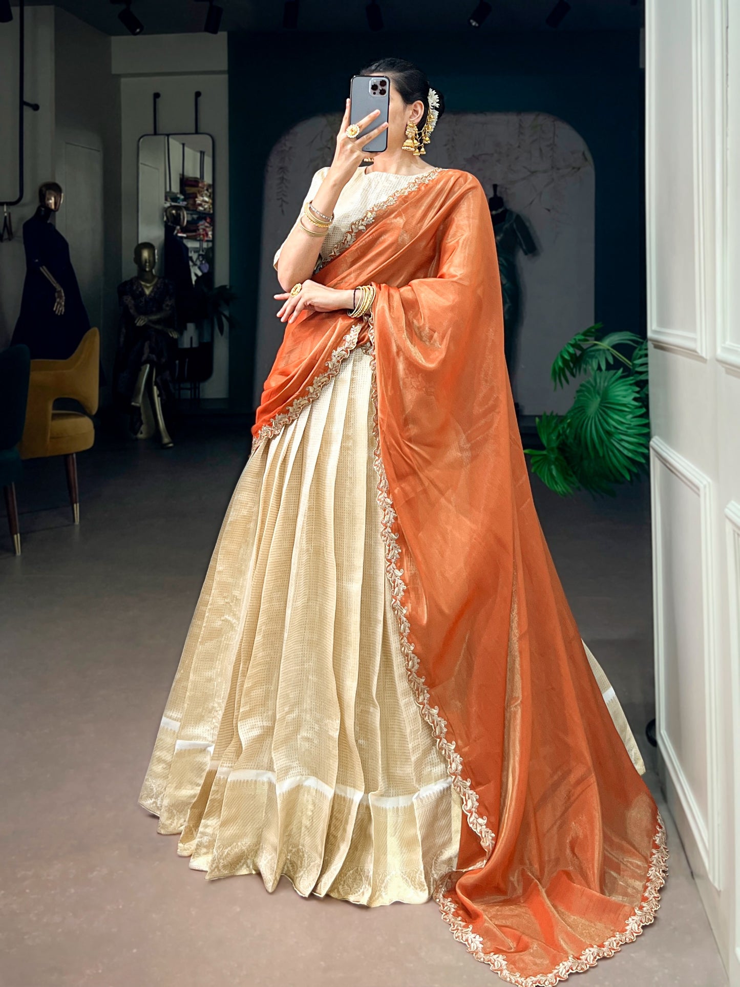 Jacquard Zari Checked Silk Readymade Dhavani / Half Saree Collection – 119 AED