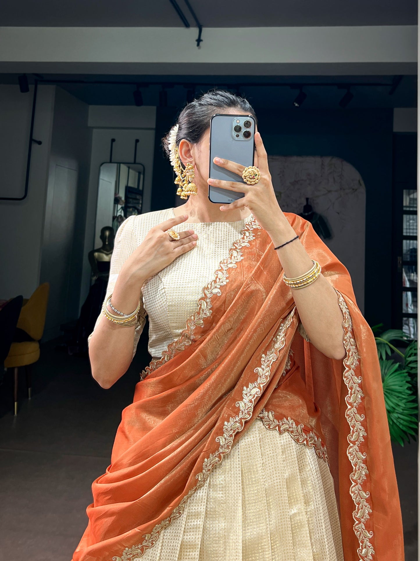 Jacquard Zari Checked Silk Readymade Dhavani / Half Saree Collection – 119 AED