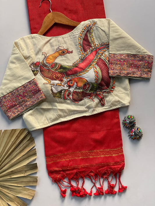 Khadi Cotton Zari Striped Saree with Appliqué & Bead Work Readymade Blouse – 99 AED