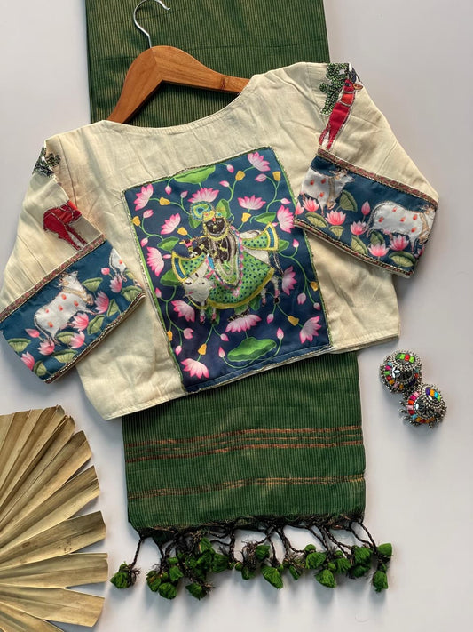 Khadi Cotton Zari Striped Saree with Appliqué & Bead Work Readymade Blouse – 99 AED