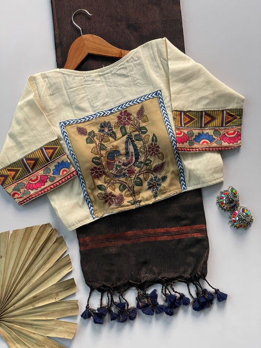 Khadi Cotton Zari Striped Saree with Appliqué & Bead Work Readymade Blouse – 99 AED