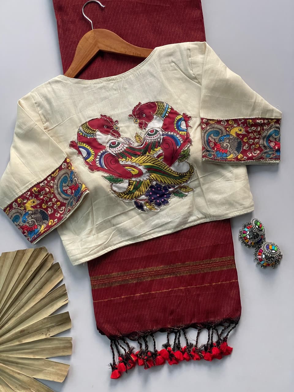 Khadi Cotton Zari Striped Saree with Appliqué & Bead Work Readymade Blouse – 99 AED