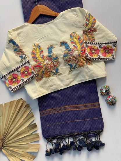 Khadi Cotton Zari Striped Saree with Appliqué & Bead Work Readymade Blouse – 99 AED