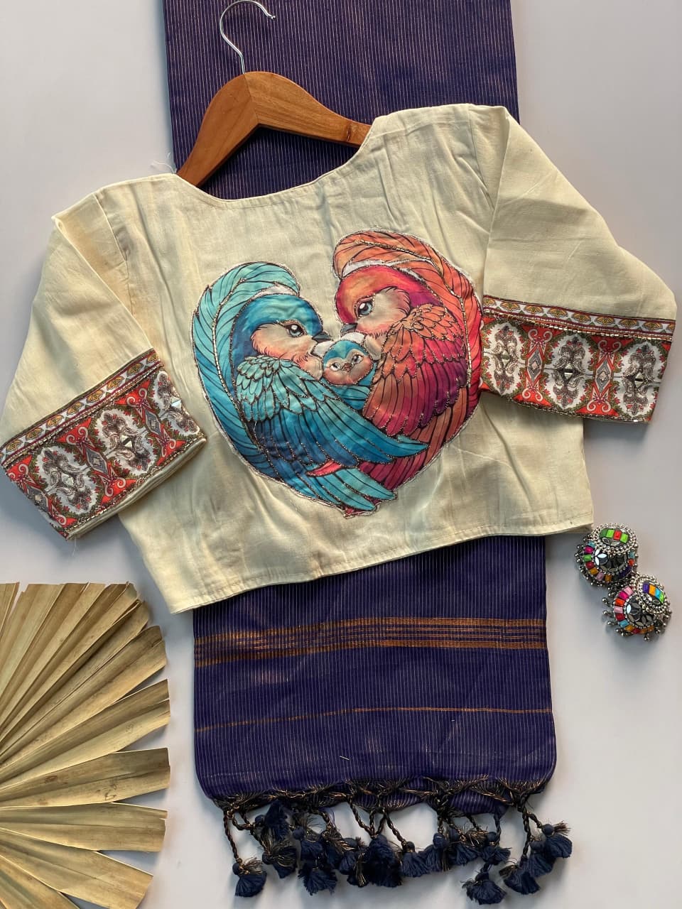 Khadi Cotton Zari Striped Saree with Appliqué & Bead Work Readymade Blouse – 99 AED