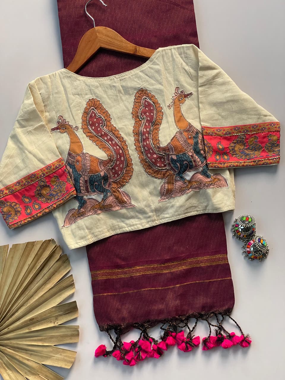 Khadi Cotton Zari Striped Saree with Appliqué & Bead Work Readymade Blouse – 99 AED