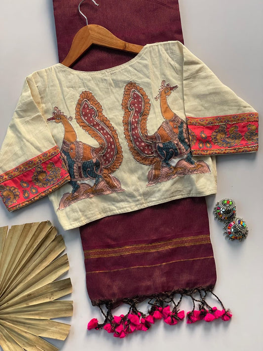 Khadi Cotton Zari Striped Saree with Appliqué & Bead Work Readymade Blouse – 99 AED