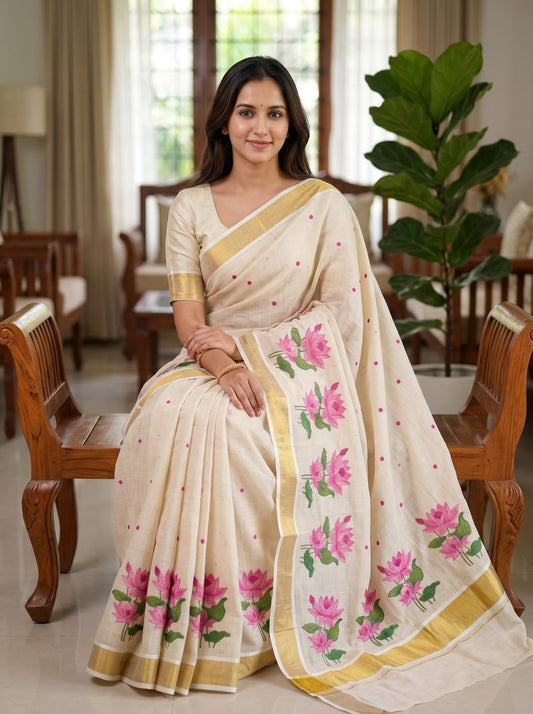 Linen Slub Cotton Floral Saree – 59 AED